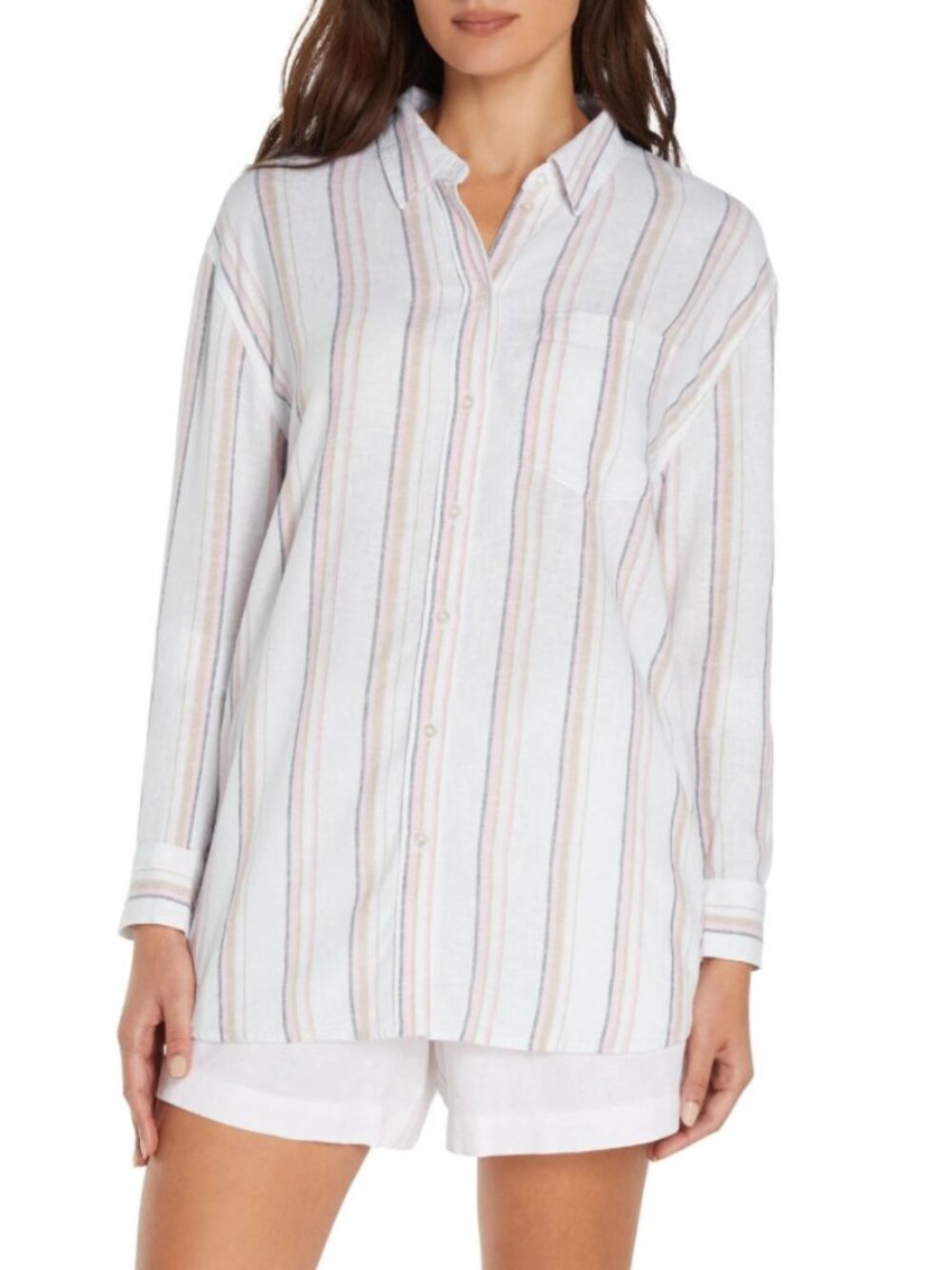Gap Linen Button Down Top Women's L Multicolor Long Sleeve Pocket Collared Neck